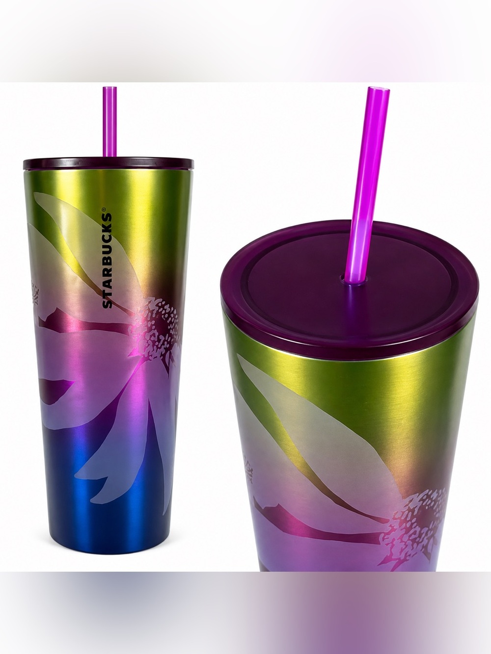Starbucks 2022 Floral Rainbow Ombre Stainless Steel Cold Cup Tumbler Sz(24oz) - Picture 3 of 4